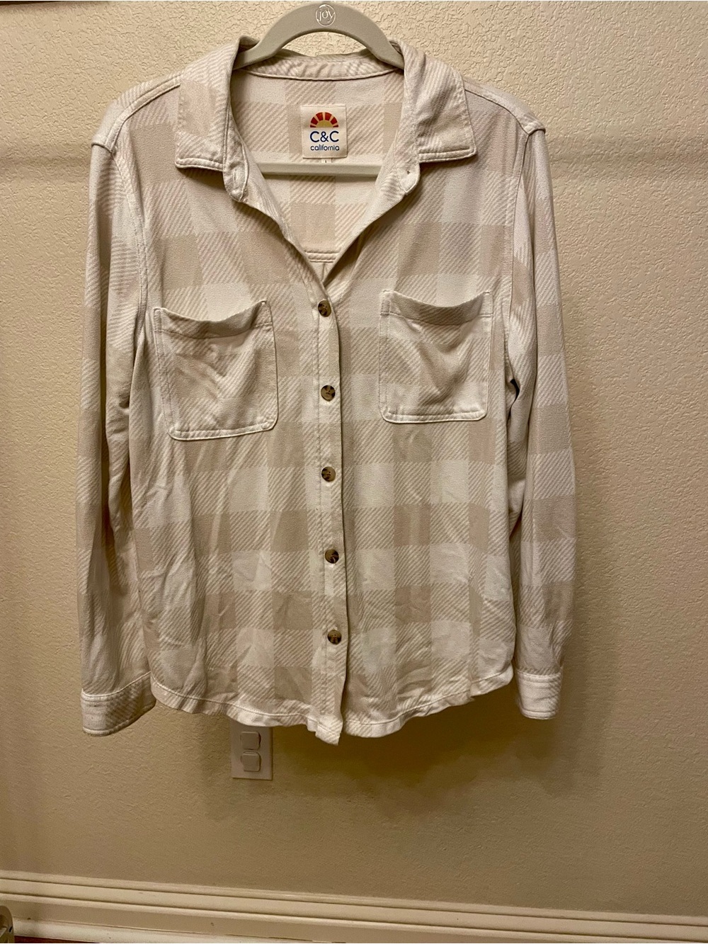 C&C California Beige and Cream Plaid Button-Down Shirt